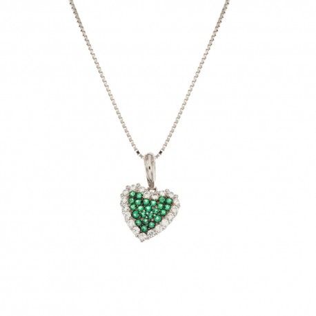 Ogrlica od 18 Kt bijelog zlata 750/1000 s privjeskom u obliku srca i bijelim i zelenim cirkonima
