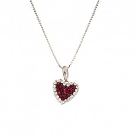 White gold 18k 750/1000 with white and red cubic zirconia heart woman necklace
