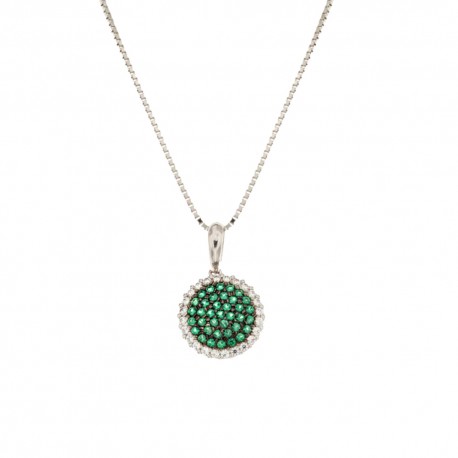 White gold 18k 750/1000 with white and green cubic zirconia round shaped pendant necklace