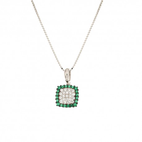 18Kt náhrdelník z bílého zlata 750/1000 s čtvercovým přívěskem z bílých a zelených zirkonů pro ženy
