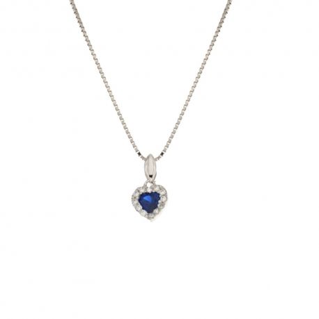Collier en or blanc 18 Kt 750/1000 avec pendentif coeur et zircons blancs et bleus pour femme