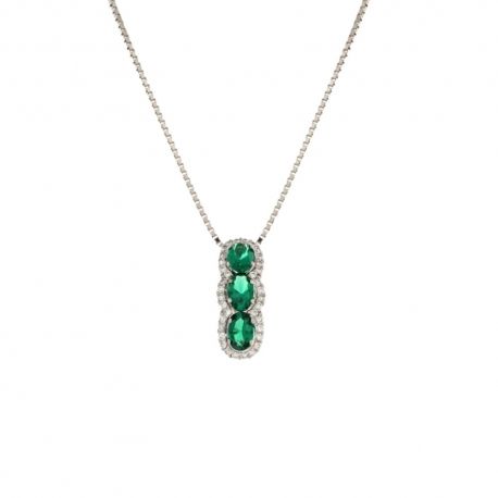 Colar feminino em ouro branco 18 Kt 750/1000 com pingente trilogia de zircões brancos e verdes