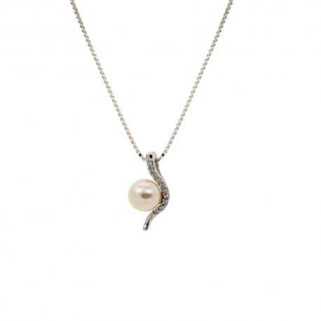 18 Kt 750/1000 witgouden ketting met hanger parel en witte zirkonen voor dames