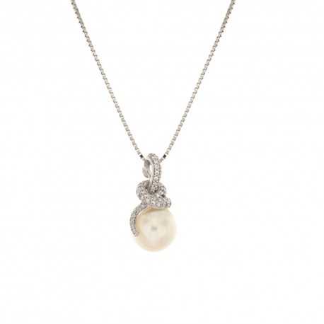 Colier din aur alb 18 Kt 750/1000 cu pandantiv perla si zirconi albi pentru femei