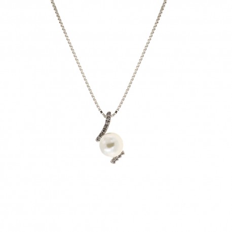 18 Kt 750/1000 hvidguld halskæde med perler og hvide zirkoner til kvinder
