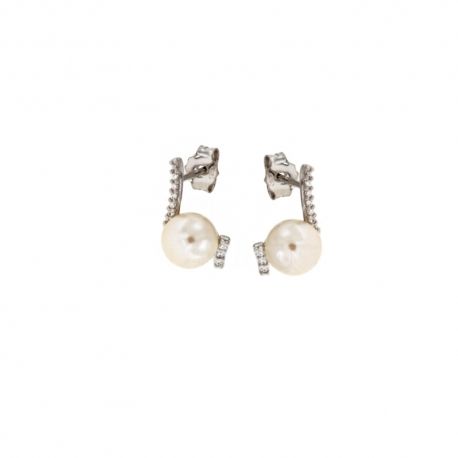 Boucles d'oreilles en or blanc 18 Kt 750/1000 avec zircons blancs et perles