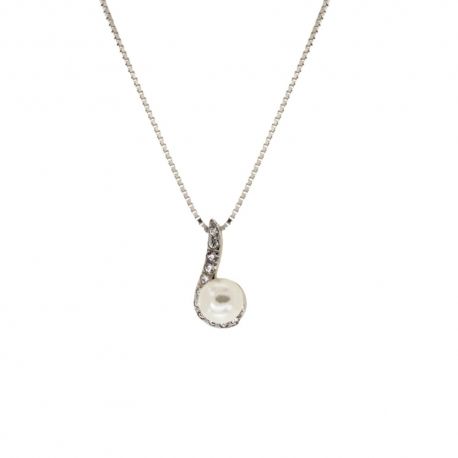 Colar feminino em ouro branco 18 Kt 750/1000 com pérolas e zircões brancos