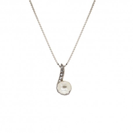 Collier en or blanc 18 Kt 750/1000 avec perle et zircons blancs pour femme
