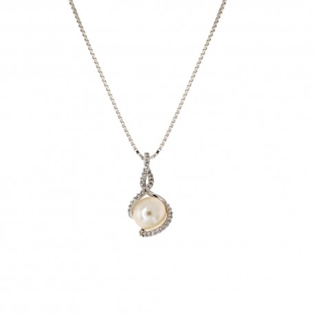 Collana in oro bianco 18 Kt 750/1000 con perla e zirconi bianchi da donna