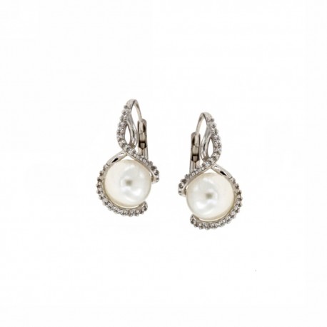 Orecchini in oro bianco 18 Kt 750/1000 con zirconi bianchi e perle