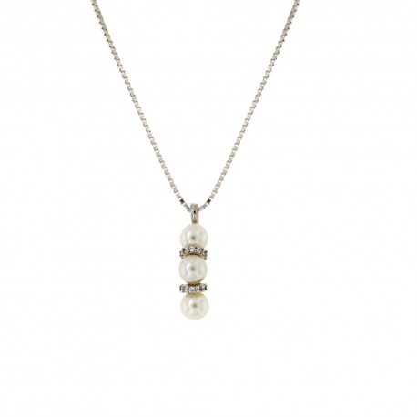 Collier en or blanc 18 Kt 750/1000 avec trois perles et zircons blancs pour femme
