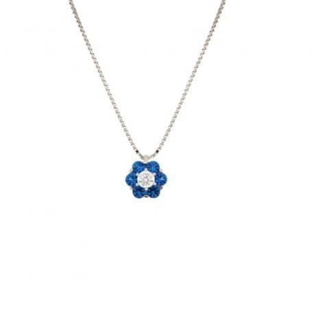 Collier en or blanc 18 Kt 750/1000 avec pendentif fleur zircon blanc et bleu pour femme