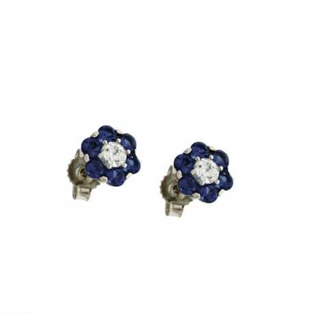 Boucles d'oreilles en or blanc 18 Kt 750/1000 avec fleur zircon bleu et blanc