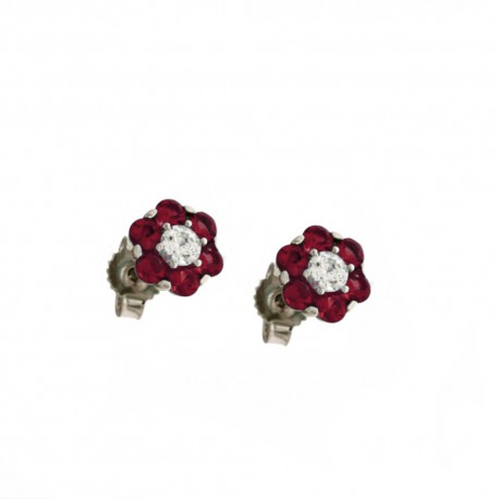 White gold 18k 750/1000 with red and white cubic zirconia flower earrings