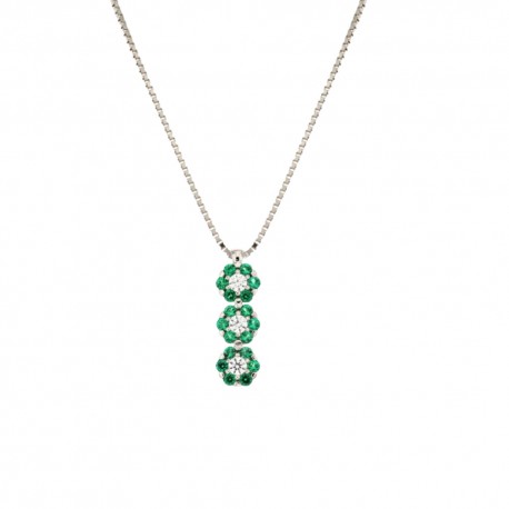 Trilógový náhrdelník z bieleho zlata 18K 750/1000 s bielymi a zelenými zirkónovými kvetmi pre ženy