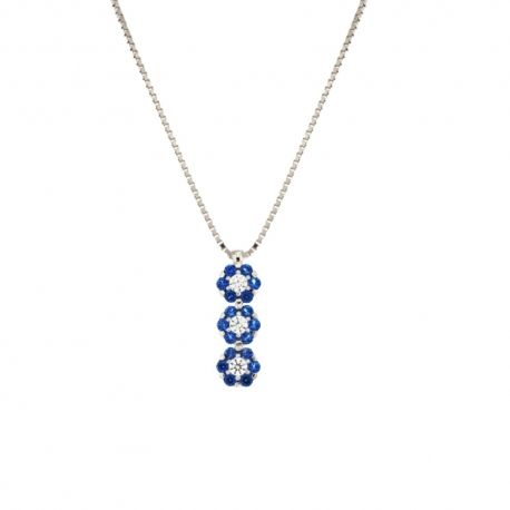 Colar trilogia em ouro branco 18 Kt 750/1000 com flores de zircônias brancas e azuis para mulher