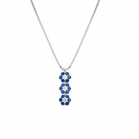 Trilogický náhrdelník z bílého zlata 18K 750/1000 s bílými a modrými zirkonovými květy pro ženy