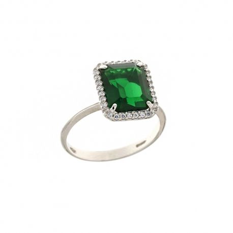Bague en or blanc 18 carats avec pierre centrale verte et zircons