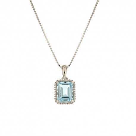 18 Kt 750/1000 hvitt gull halskjede med hvitt zirkon anheng og sentral blå stein for kvinne