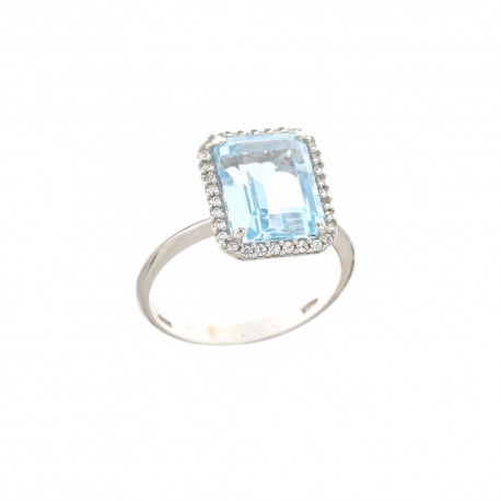 18K witgouden ring met lichtblauwe rechthoekige steen en witte zirkonia's