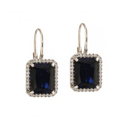 Boucles d'oreilles en or blanc 18 Kt 750/1000 avec zircons blancs et pierre bleue centrale