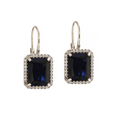 Pendientes en oro blanco de 18 Kt 750/1000 con circonitas blancas y piedra central azul
