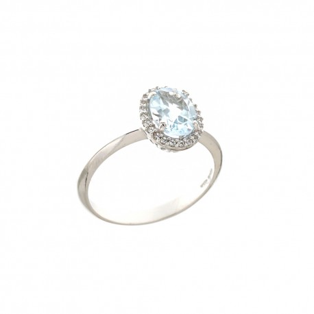Prsten od 18 Kt 750/1000 bijelog zlata sa središnjim plavim kamenom i bijelim cirkonima