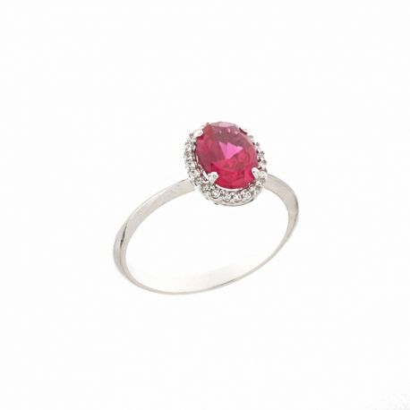 Bague en or blanc 18 carats avec pierre centrale rouge et zircons