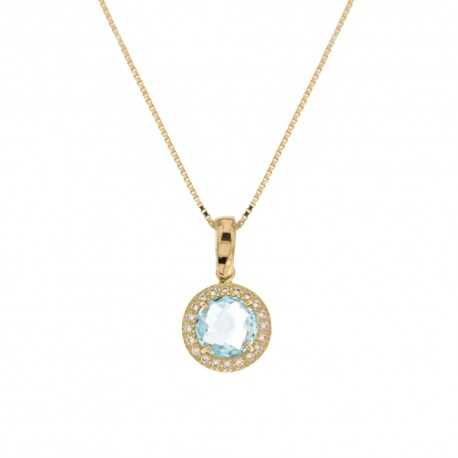 18Kt zlatý náhrdelník 750/1000 s okrúhlym príveskom z bielych zirkónov a centrálnym modrým kameňom pre ženy