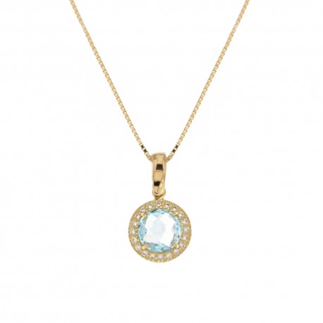 Collier en or 18 Kt 750/1000 avec pendentif rond de zircons blancs et pierre bleue centrale pour femme