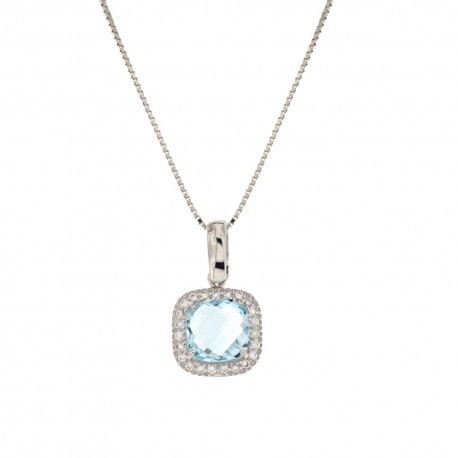 18Kt zlatý náhrdelník 750/1000 so štvorcovým príveskom z bielych zirkónov a centrálnym modrým kameňom pre ženy