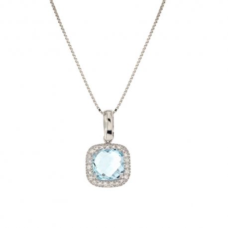 Collier en or 18 Kt 750/1000 avec pendentif carré de zircons blancs et pierre bleue centrale pour femme