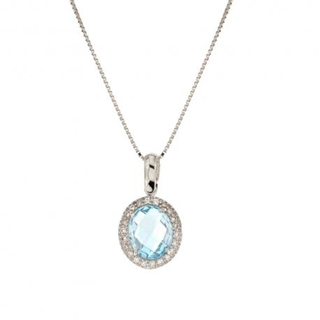Collana in oro 18 Kt 750/1000 con pendente ovale di zirconi bianchi e pietra azzurra centrale da donna
