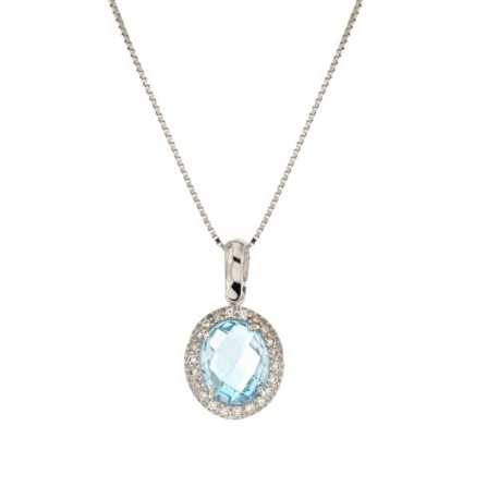 Zlatý náhrdelník 18Kt 750/1000 s oválným přívěskem z bílých zirkonů a centrálním modrým kamenem pro ženy