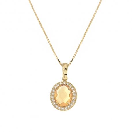 Collier en or jaune 18 Kt 750/1000 avec pendentif ovale de zircons blancs et pierre jaune centrale pour femme