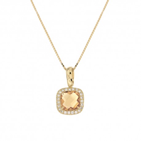 Yellow gold 18k 750/1000 with yellow stone and white cubic zirconia square pendant woman necklace