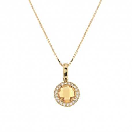 Dámsky náhrdelník zo žltého zlata 18K 750/1000 s okrúhlym príveskom z bielych zirkónov a centrálnym žltým kameňom