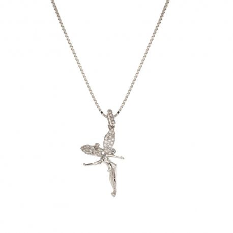 Collier en or blanc 18 Kt 750/1000 avec pendentif fée clochette et zircons blancs pour femme