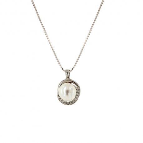 Collier en or blanc 18 Kt 750/1000 avec pendentif perle et zircons blancs pour femme