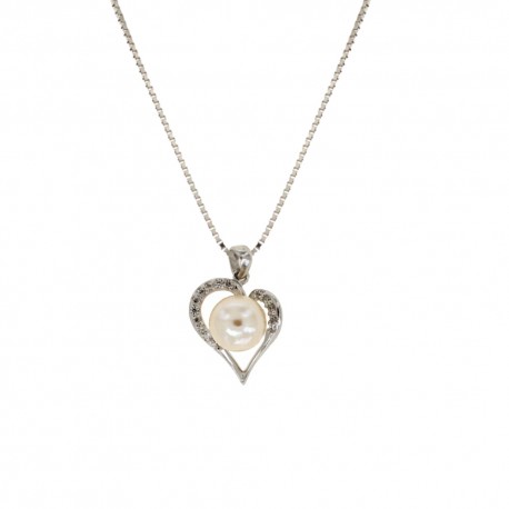 White gold 18k heart shaped pendant with pearl and white cubic zirconia woman necklace