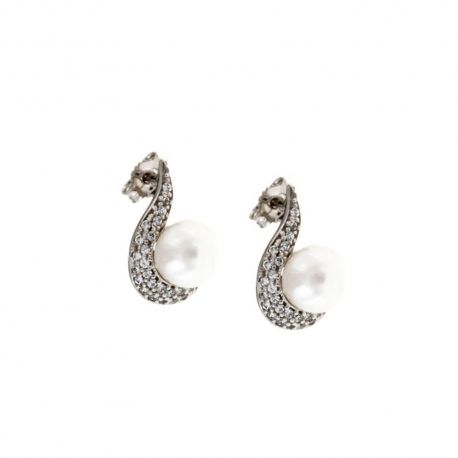 Brincos em ouro branco 18 Kt 750/1000 com zircões brancos e pérolas