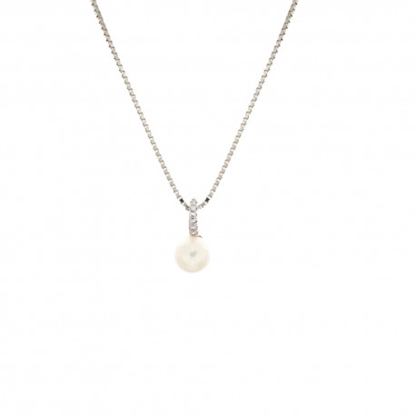 18 Kt 750/1000 vitguld halsband med hängande pärla och vita zirkoner för kvinnor