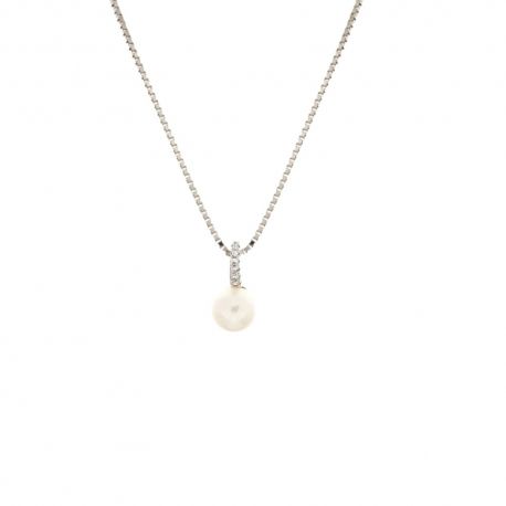 Colar feminino em ouro branco 18 Kt 750/1000 com pingente de pérola e zircões brancos