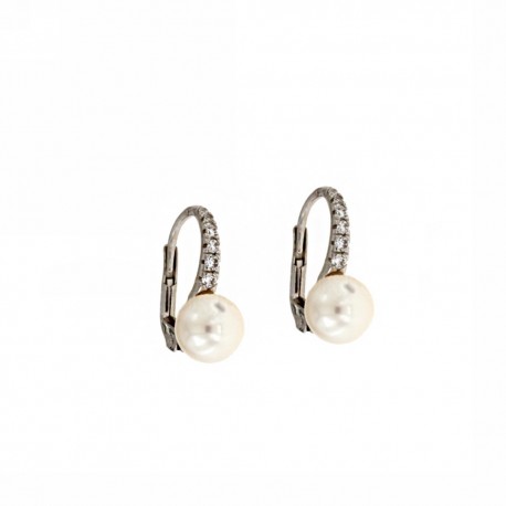 Ohrringe aus 18 Kt 750/1000 Weißgold mit weißen Zirkonen und Perlen