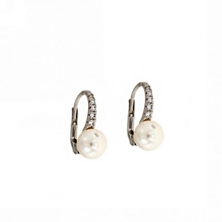 Oorbellen in 18 Kt 750/1000 witgoud met witte zirkonen en parels