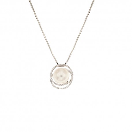 Collar de oro blanco de 18 Kt 750/1000 con colgante de perla y circonitas blancas para mujer
