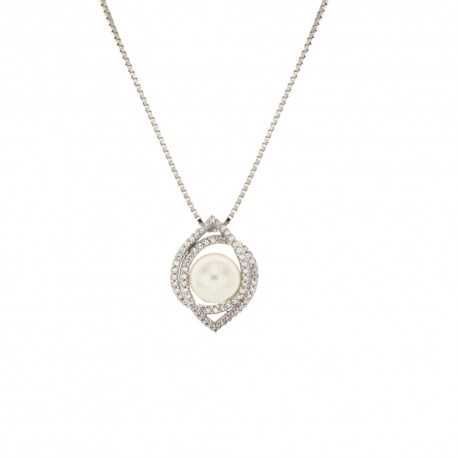 18 Kt 750/1000 hvitt gull halskjede med anheng perle og hvite zirkoner for kvinner