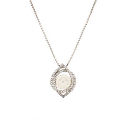 Collar de oro blanco de 18 Kt 750/1000 con colgante de perla y circonitas blancas para mujer
