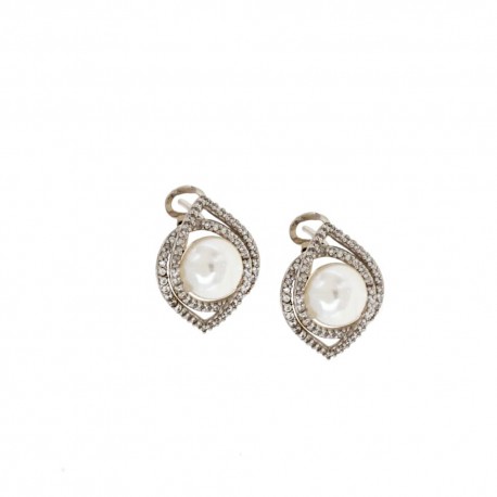 Boucles d'oreilles en or blanc 18 Kt 750/1000 avec zircons blancs et perles