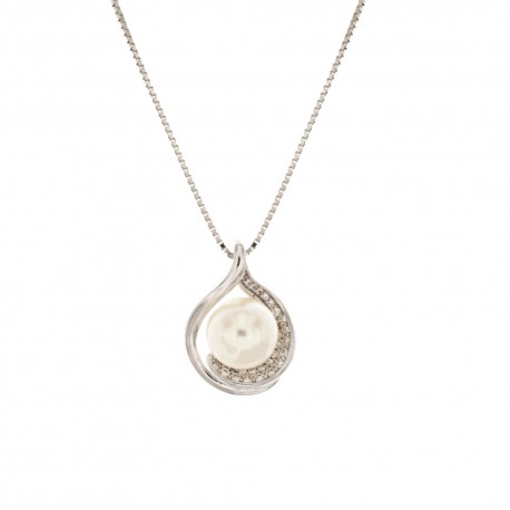 Collana in oro bianco 18 Kt 750/1000 con perla pendente e zirconi bianchi da donna
